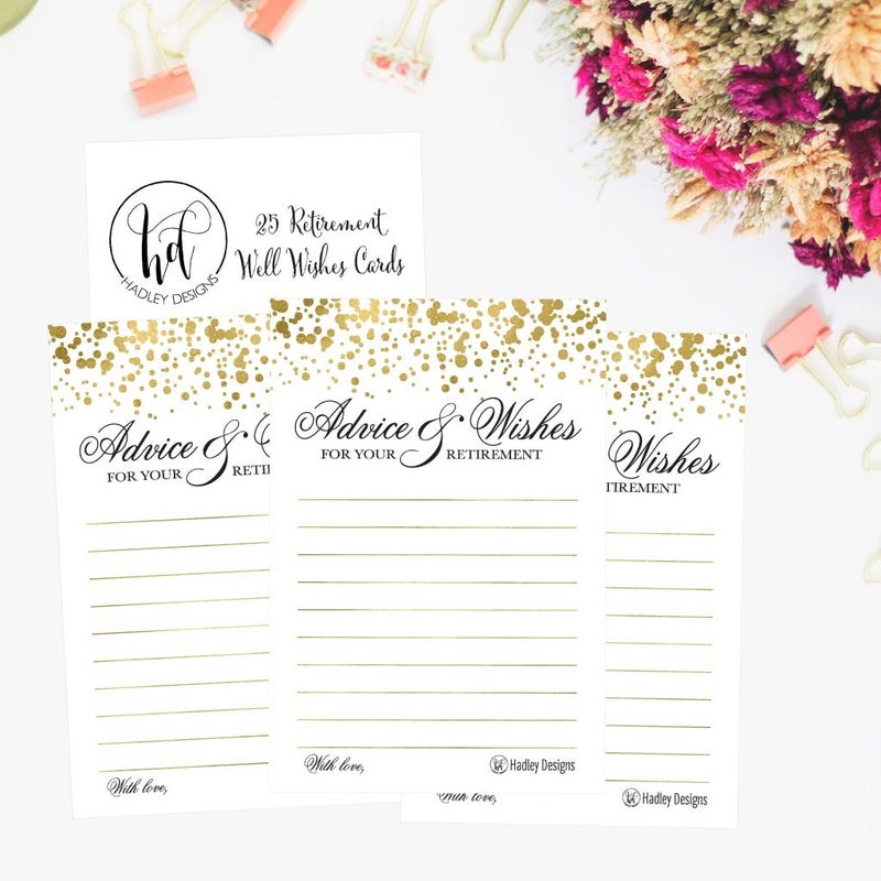 Hadley Designs 25 Gold Retirement Party Advice Card, Supplies and Decoration Happy Retiree Celebration Gift, Bucket List Wish Jar, Personalized Officially Retired Centerpiece - Image 3